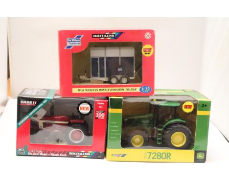 THREE BRITAINS 1:32 SCALE VEHICLES TO INCLUDE A JOHN DEERE 2011 7280R TRACTOR, AN INTERNATIONAL HARVESTER FARMALL 1066 TRACTO