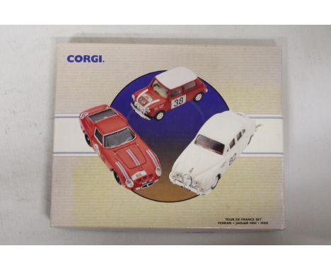 A CORGI TOYS, TOUR-DE-FRANCE SET TO INCLUDE, A FERRARI, JAGUAR MK 11 AND A MINI, SET NO. 97708 - AS NEW IN BOX