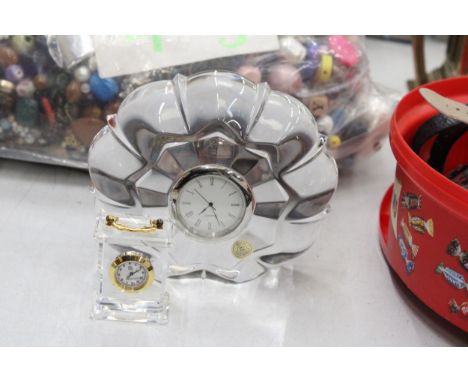 A XAVIER CZECH BOHEMIAM HEAVY CRYSTAL GLASS DESKTOP PAPERWEIGHT CLOCK AND MINIATURE CRYSTAL CARRIAGE CLOCK