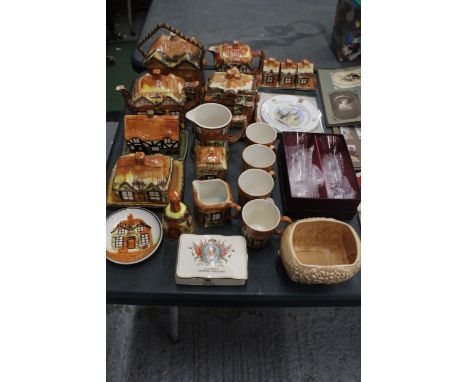 A QUANTITY OF COTTAGE WARE TO INCLUDE BUTTER DISHES, CUPS, JUG ETC PLUS A SYLVAC PLANTER, A BOXED NORTHERN BELLE PAIR OF GLAS
