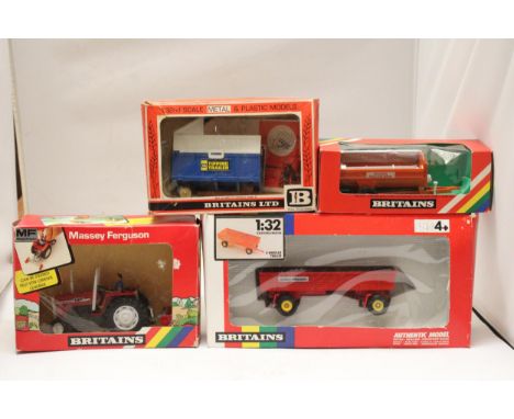 FOUR BRITAINS 1:32 SCALE MODELS TO INCLUDE A MASSEY FERGUSON TRACTOR WITH YARD SCRAPER, HIGH SIDED TIPPER CART, FOUR WHEELED 