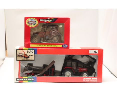 TWO BRITAINS 1:32 SCALE MODELS TO INCLUDE A VALMET LOGGING TRACTOR AND TRAILER AND A SAME RUBIN 150 TRACTOR - BOTH AS NEW IN 