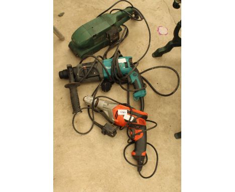 THREE ELECTRIC POWER TOOLS TO INCLUDE A MAKITA SDS DRILL AND A BOSCH BELT SANDER ETC