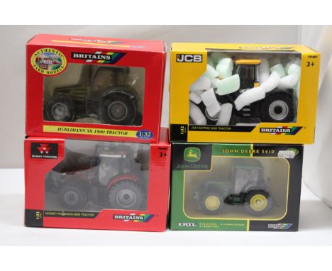 FOUR BRITAINS 1:32 SCALE MODELS TO INCLUDE A HURLIMANN SX 1500 TRACTOR, A JCB FASTRAC 3230 TRACTOR, A MASSEY FERGUSON 6600 TR