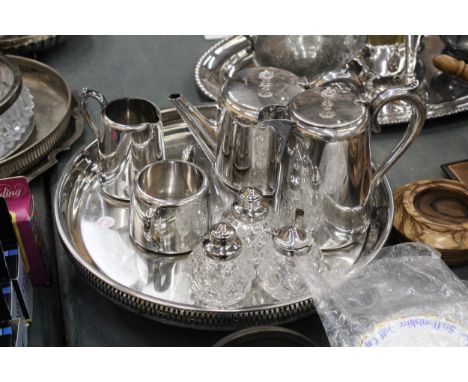 A VINTAGE SILVERPLATE TEAPOT, COFFEEPOT, MILK, SUGAR AND CRUET SET ON A TRAY