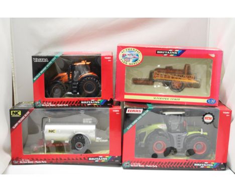 FOUR BRITAINS 1:32 SCALE MODELS TO INCLUDE A CLAAS XERION 5000 TRACTOR, A VALTRA METALLIC ORANGE T254 TRACTOR, A SLURRY FIELD