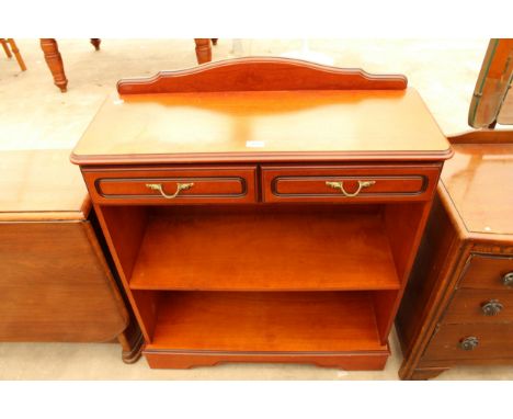 A TWO TIER OPEN DISPLAY SHELF WITH TWO FRIEZE DRAWERS, 33" WIDE