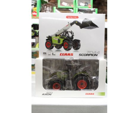 TWO CLAAS 1:32 SCALE MODEL TRACTORS TO INCLUDE A LIMITED EDITION (LIMITED TO 3000 PIECES) AXION 870 AND A 7044 SCORPION - BOT
