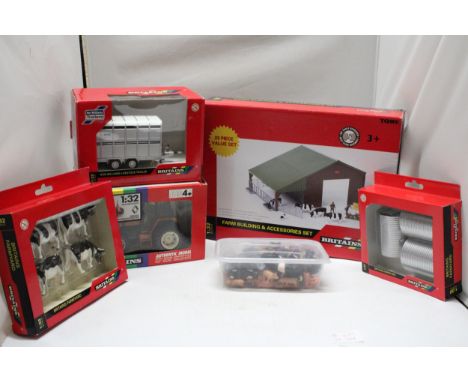 FIVE BRITAINS 1:32 SCALE MODELS TO INCLUDE A FARM BUILDING AND ACCESSORIES SET, A RENAULT DOUBLE REAR WHEELED TRACTOR, AN IFO