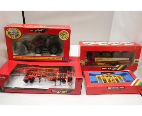FOUR BRITAINS 1:32 SCALE MODELS TO INCLUDE A MASSEY FERGUSON 6140 TRACTOR WITH BUCKET ATTACHMENT, A KRONE ROUND BALE WAGON, A