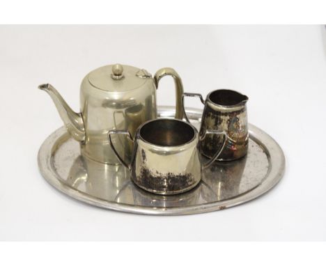 A COLLECTION OF SILVERPLATE TO INCLUDE A TRAY, TEAPOT, JUG AND SUGAR BOWL