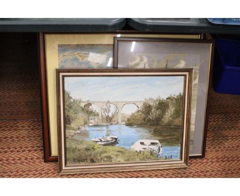 A FRAMED VINTAGE TAPESTRY OF A SHIP AT SEA PLUS A FRAMED OIL ON BOARD OF VIADUCT SCENE