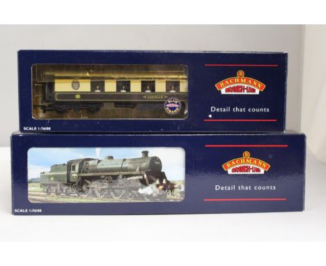A BACHMANN MODEL NO. 31-106A GREEN STEAM LOCOMOTIVE AND TENDER PLUS A NO. 39-076 PASSANGER CARRIAGE ( LUCILLE) - BOTH AS NEW 