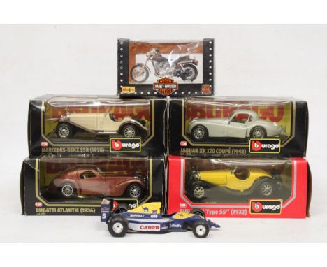 FOUR AS NEW BOXED BURAGO CARS TO INCLUDE, A JAGUAR XK 120 COUPE, A BUGATTI 'TYPE 55', A BUGATTI ATLANTIC AND A MERCEDES-BENZ 