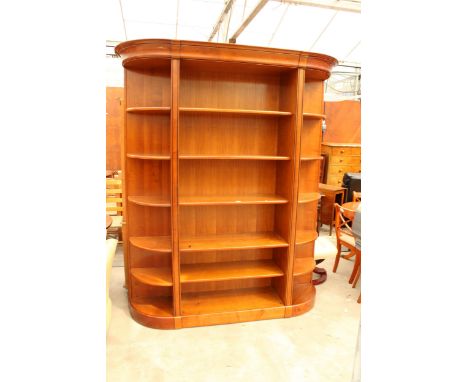 A GRANGE CHERRY OPEN DISPLAY SHELF UNIT, SIX TIERS WITH BOWED ENDS, 70" WIDE