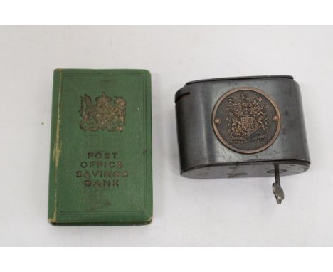 TWO VINTAGE MONEY BOXES TO INCLUDE A GREEN POST OFFICE SAVINGS BANK AND A BLACK POST OFFICE SAVINGS BANK BY FISCUS, WITH KEY