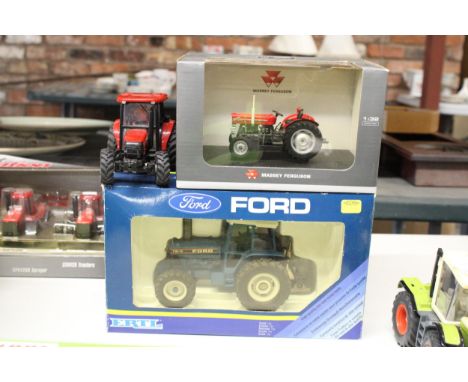 TWO BRITAINS AND ONE UNIVERSAL HOBBIES 1:32 SCALE TRACTORS TO INCLUDE A FORD TW-5 (AS NEW IN BOX), A MASSEY FERGUSON 135 (AS 