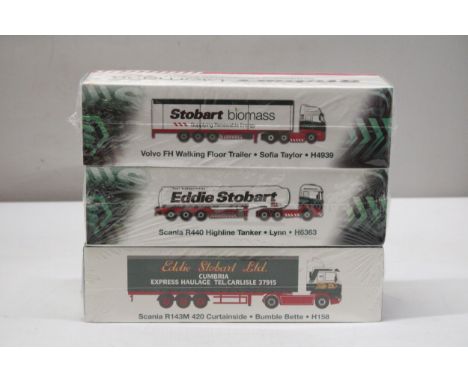 THREE ATLAS EDITIONS SPECIAL EDITION EDDIE STOBART COLLECTOR'S MODELS 1/76 SCALE TO INCLUDE, A SCANIA CURTAINSIDE, VOLVO WALK