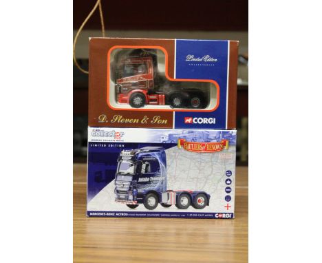TWO CORGI TRUCKS TO INCLUDE, A LIMITED EDITION MERCEDES BENZ AACTROS AND A LIMITED EDITION D. STEVENS SCANIA TOPLINE TRACTOR 