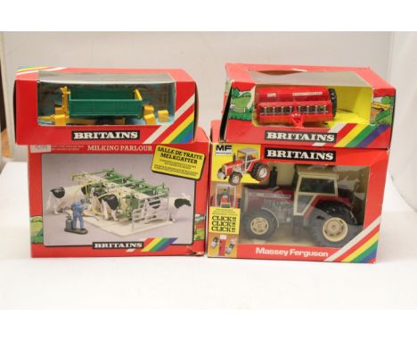 FOUR BRITAINS 1:32 SCLE MODELS TO INCLUDE A MASSEY FERGUSON, DOUBLE REAR WHEELED TRACTOR, A MILKING PARLOUR, A SEED DRILL AND