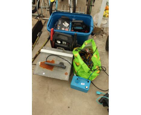 AN ASSORTMENT OF TOOLS TO INCLUDE A BATTERY JUMP STARTER, A TILE CUTTER AND CABLES ETC