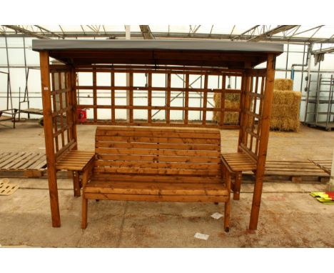 AN AS NEW EX DISPLAY CHARLES TAYLOR GARDEN ARBOUR WITH THREE SEATER BENCH