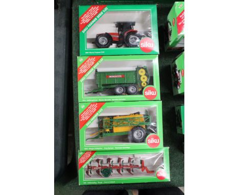 FOUR SIKU 1:32 SCALE FARM MODELS TO INCLUDE A MASSEY FERGUSON 9240 TRACTOR, A BERGMANN MANURE SPREADER, A CROP SPRAYER AND A 