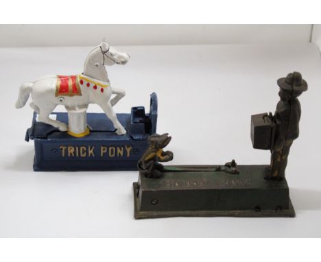 TWO VINTAGE MONEY BOXES TO INCLUDE A TRICK PONY PLUS MONKEY