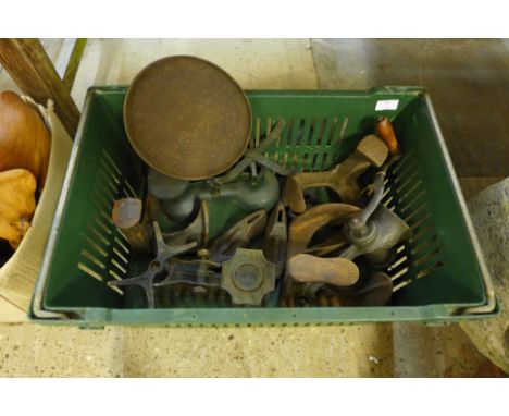 A quantity of cobblers lasts, vintage mincer, scales, etc. 