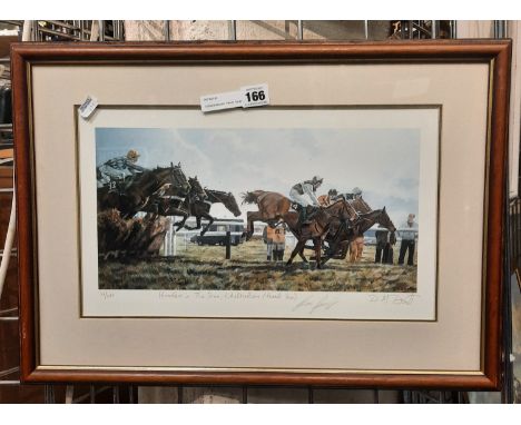 SIGNED RACING PRINT: ''HURDLERS IN THE SUN'' CHELTENHAM - (FOREST SUN) SIGNED JIM FROST (JOCKEY) &amp; DAVID DENT (ARTIST) LT