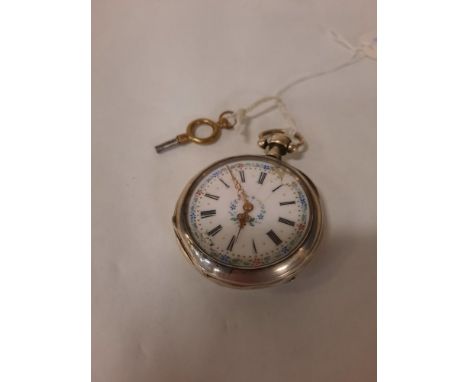 HM SILVER &amp; ENAMEL POCKET WATCH &amp; KEY (ENAMEL A/F)