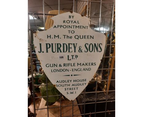 ENAMEL PURDEY &amp; SONS SIGN - APPROX 44CMS H X 60CMS W - INNER FRAME