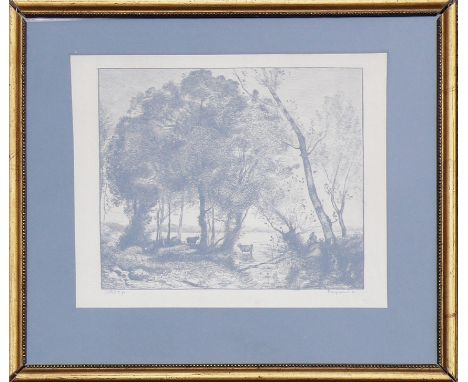 Bracquemond, Félix (1833 Paris - 1914 Sèvres)"Uferlandschaft"; baumbestanden, mit Kühen und Hirte; Lithographie nach einem Ge