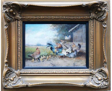 Hänger, Max I/II(München, 19.Jh.)"Hühnerschar vor Holzhütte" in Landschaft; Hahn, Hennen und Küken; ÖL/Holz; links unten sign