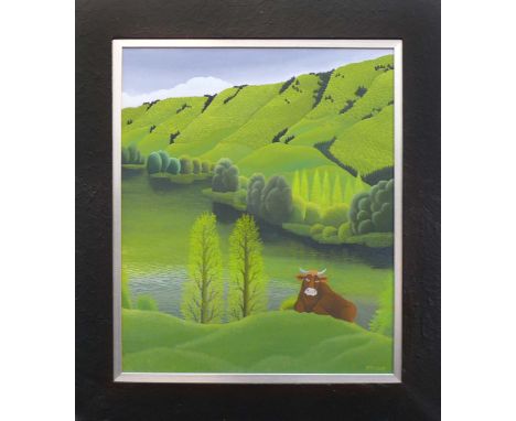Epple, Bruno (geb. Rielasingen 1931)"Bucolica 2008"; liegende Kuh in grüner Landschaft; ÖL/LW; rechts unten sign. und dat. 20