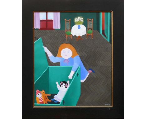 Epple, Bruno (geb. Rielasingen 1931)"Puppenkiste"; Mädchen in einem Raum mit Tisch und Stühlen vor aufgeklappter Kiste; ÖL/LW