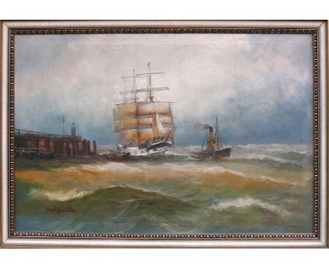 Jensen, Alfred Prof.(Randers/Dänemark 1859 - 1935 Hamburg)"Dreimaster und weitere Boote"; an stürmischer Küste; ÖL/LW; links 