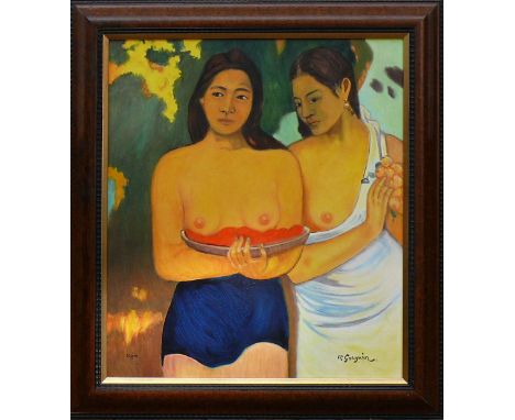 Kujau, Konrad (1938 Löbau - 2000 Stuttgart)"Tahitianische Frauen"; mit entblößtem Oberkörper und Blütenschale; nach P. Gaugui