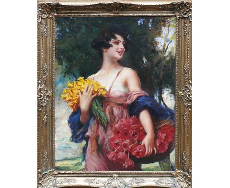 Schmutzler, Leopold (Mies/Böhmen 1864 - 1941 München)"3/4-Portrait einer jungen Frau"; in beiden Armen Blumenstrauß haltend; 