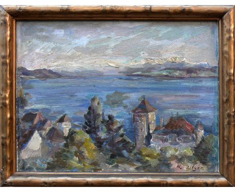 Dilger, Richard (1887 Überlingen - 1973 Allensbach)"Blick auf Überlingen" mit See und Schweizer Alpen; rechts unten sign.; ÖL