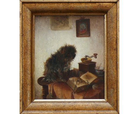 Tiermaler (19.Jh.)"Yorkshire Terrier" sitzt auf Tisch vor Kaffeemühle, aufgeschlagenem Buch und Brille; ÖL/Holz; verso alter 