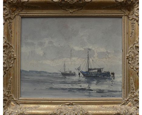 Norden, Wim van (1917 - 2001)"Segelboote an Küste" bei Ebbe; figurale Szene; ÖL/LW; rechts unten sign.; 40 x 50,5 cm; R (55 x