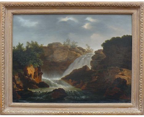 Anonym (19./20.Jh.)"Felsige Landschaft mit Wasserfall"; ÖL/Karton; 48 x 63 cm; R (61 x 77 x 4 cm)