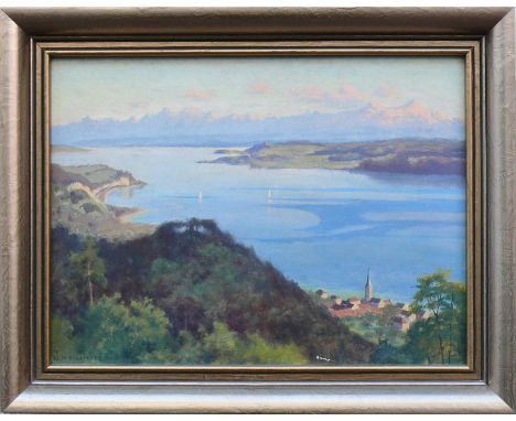 Mollweide, Werner (Straßburg 1889 - 1978 Bodman-Ludwigshafen)"Bodenseelandschaft"; Blick von einer Anhöhe aus auf Sipplingen,