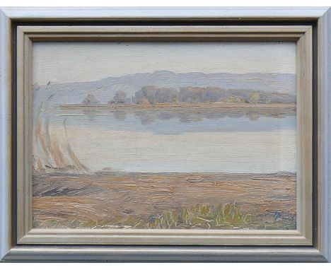 Pfannendörfer, August (geb. Rorschach 1904/Radolfzell)"Blick auf Mettnauspitze" im Untersee; ÖL/Malkarton; rechts unten monog