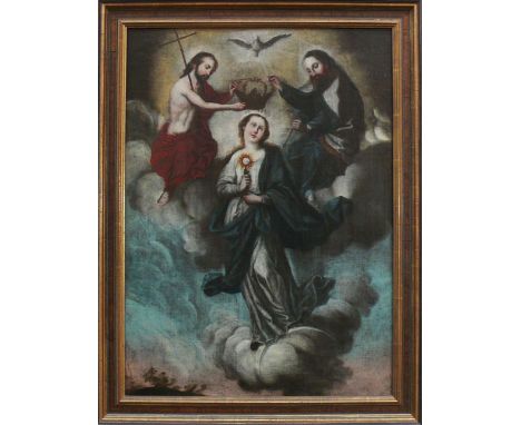 Spanische/Südamerikanische Schule (18./19.Jh.)"Marienkrönung"; ÖL/Holz; verso bemalt; 73 x 52,5 cm; R (83 x 63 x 4 cm)