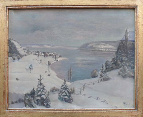 Segewitz, Eugen (1886 Pforzheim - 1952 Wangen/Untersee)"Bodenseelandschaft"; auf der Höri; Blick vom Schloss Marbach aus auf 