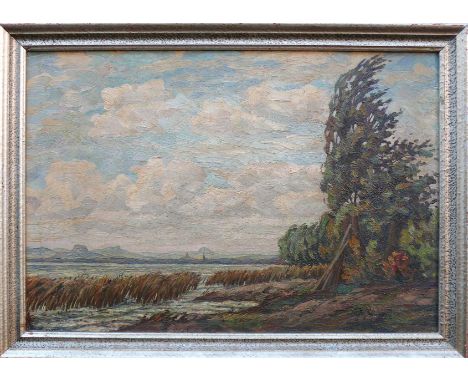 Geißler, Hugo (1895 Tuttlingen - 1956)"Blick auf Untersee mit Hegauberge"; ÖL/Malkarton; rechts unten sign. und dat. 52; ca. 