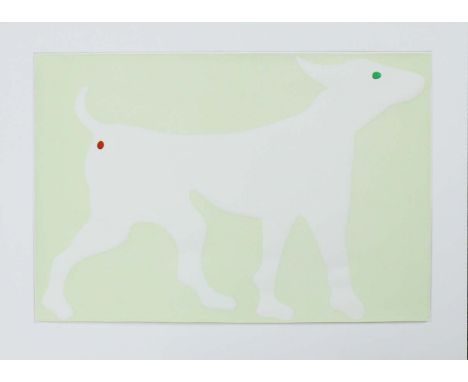 Knöbel, Imi (1940 Dessau)"Ghost Dog"; weißer Hund auf hellgelb/grünem Papier; Farbserigraphie, acrylic/paper; rückseitig sign