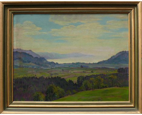 Anonym (20.Jh.)"Bodenseelandschaft"; Blick auf Überlinger See von Stockach aus gesehen; ÖL/Karton; 38,5 x 50 cm; R (47 x 59 x